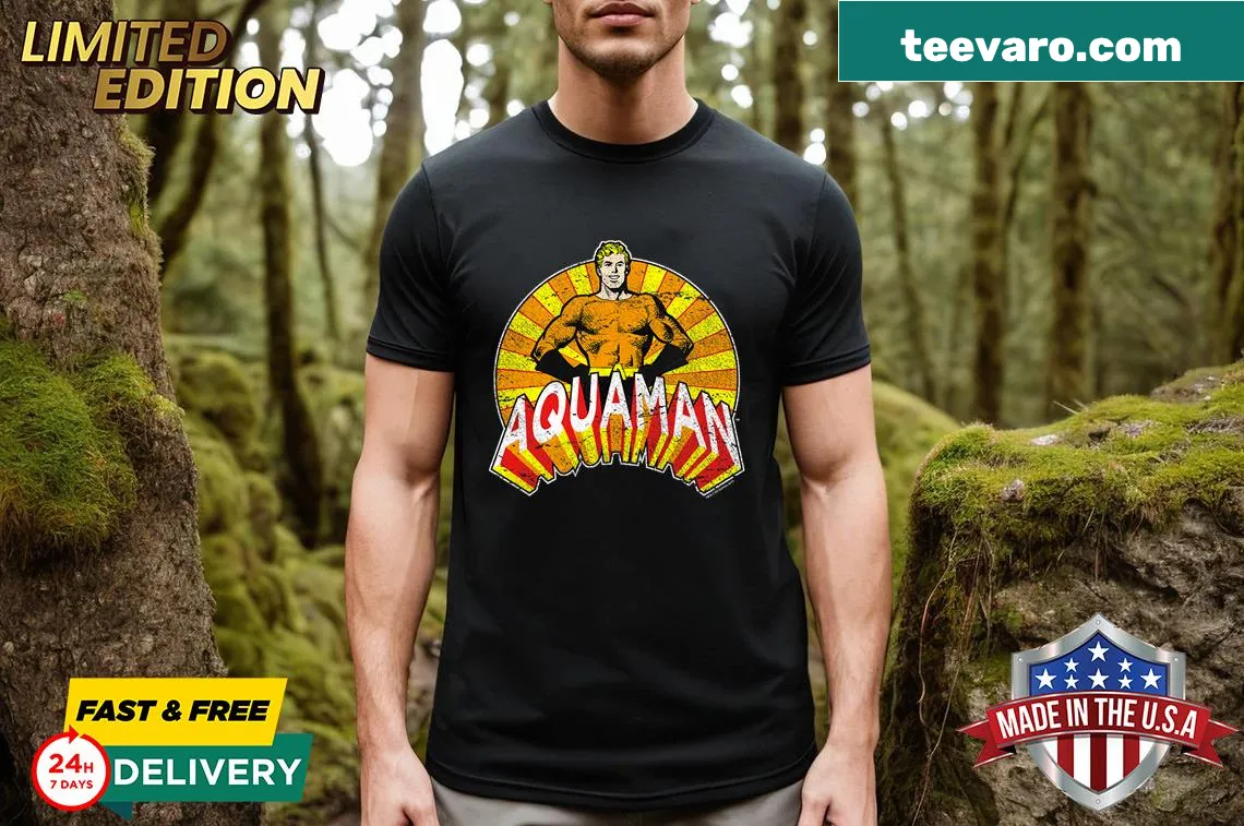 Aquaman arms akimbo graphic T-shirt with humorous illustration — on a men's t-shirt