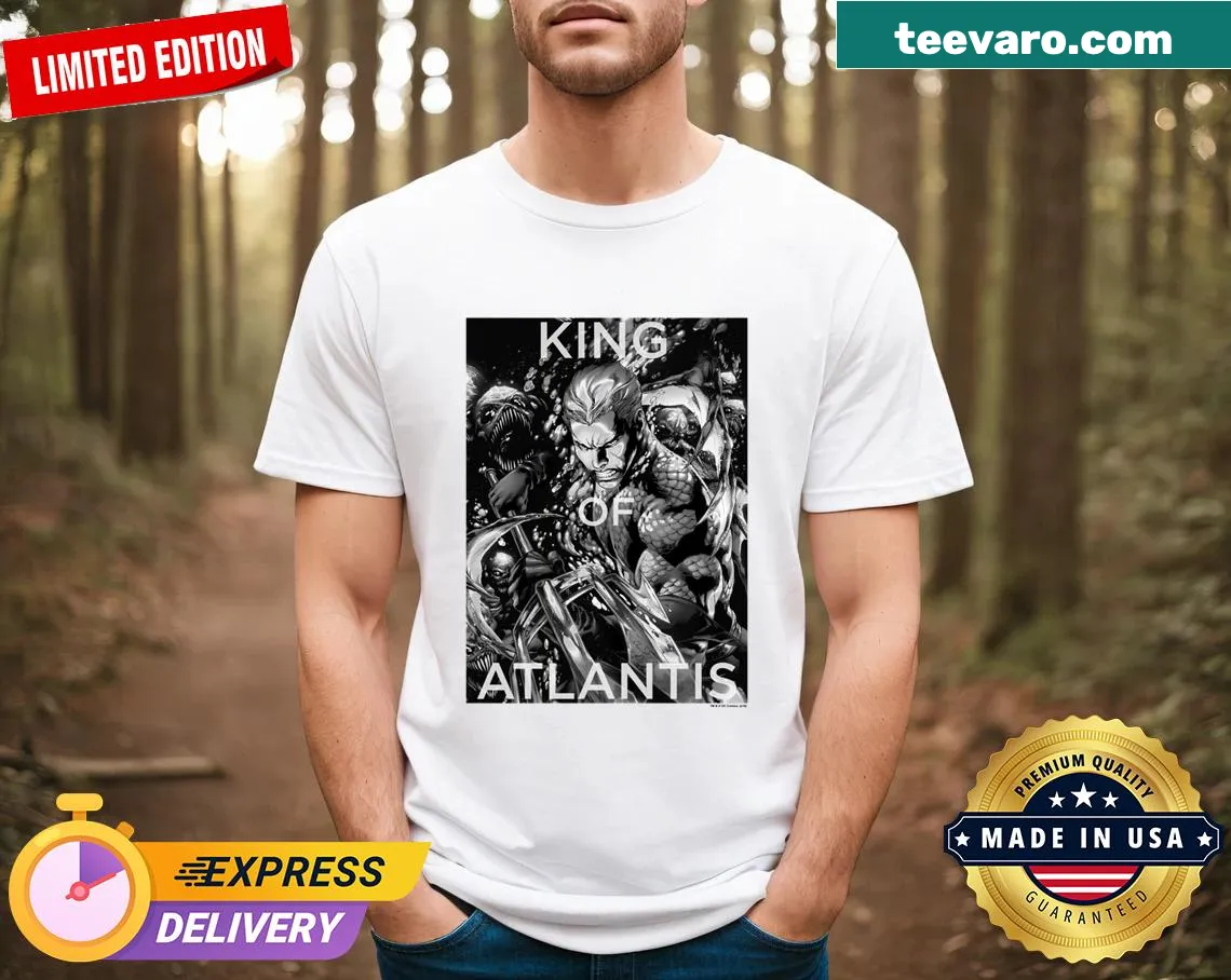 Greyscale Aquaman graphic on a pullover T-shirt — on a men's t-shirt