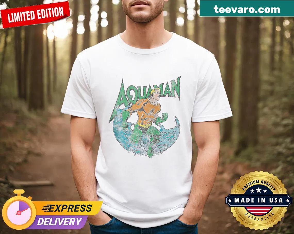 Aquaman emblem graphic streetwear T-shirt — on a men's t-shirt