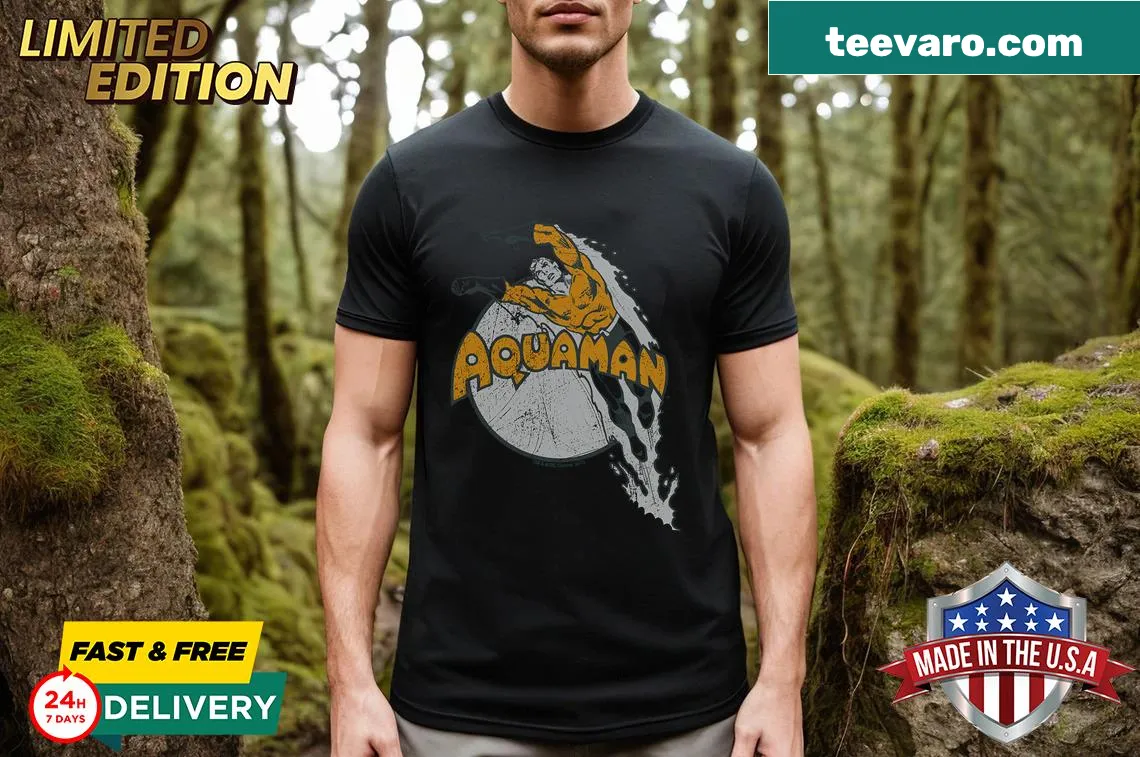 Retro splash graphic Aquaman T-shirt — on a men's t-shirt