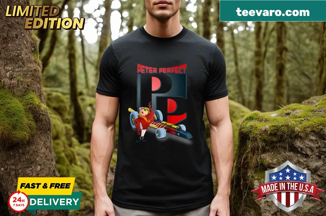 Wacky Races Peter Perfect baseball tee with large initials — on a men's t-shirt