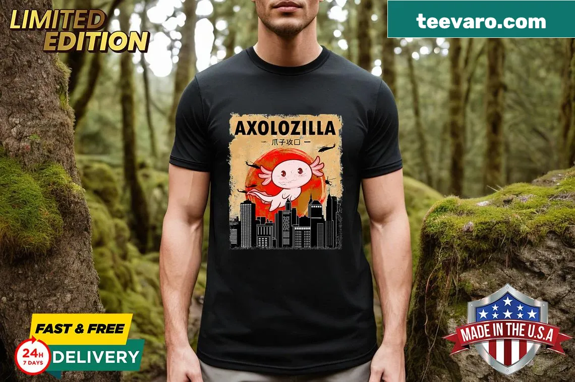 Kawaii axolotl t-shirt featuring 'Axolotlzilla' in a cityscape — on a men's t-shirt