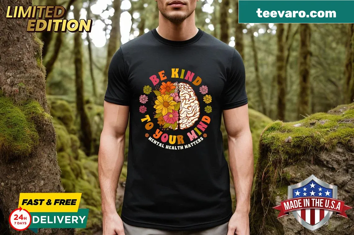 Mental health awareness graphic T-shirt — on a men's t-shirt