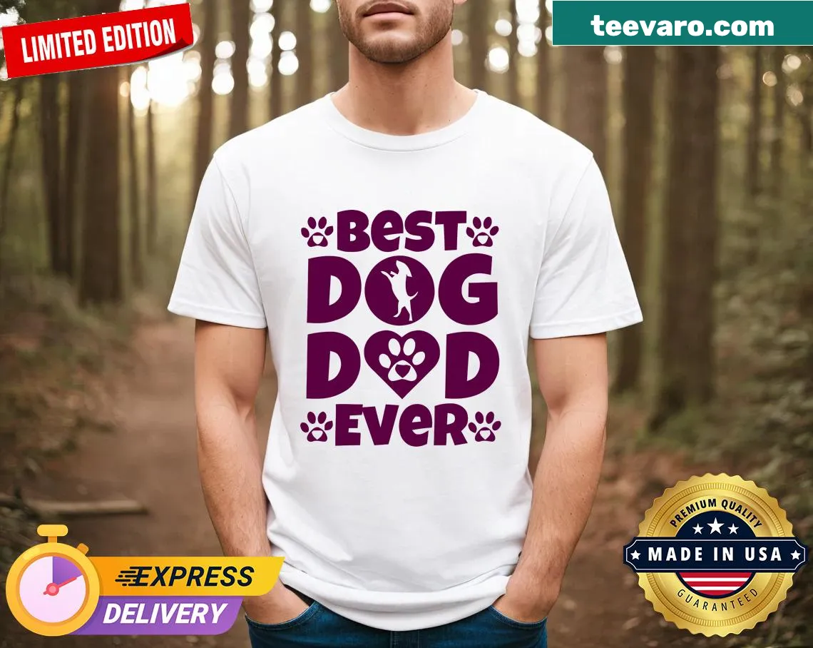 Funny Best Dog Dad Ever T-shirt with whimsical illustration — on a men's t-shirt