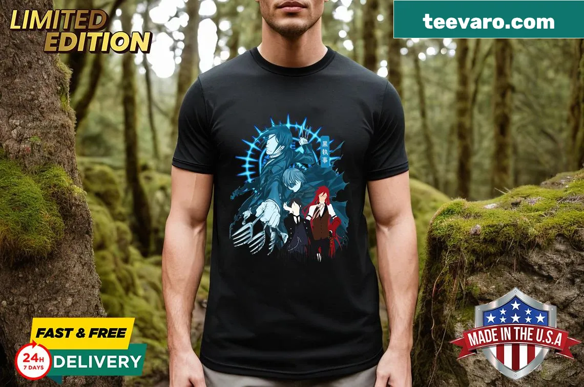 Vintage graphic t-shirt featuring black characters in a city — on a men's t-shirt