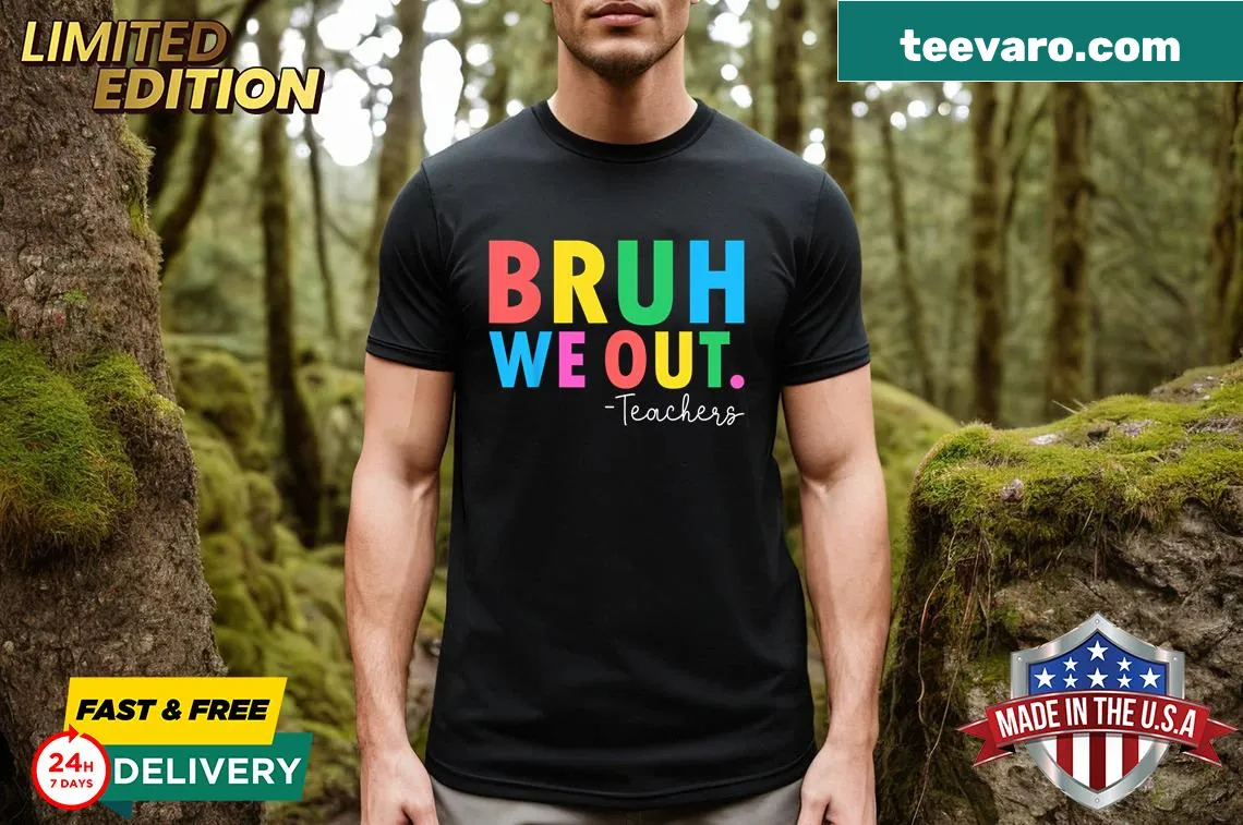 Funny oversized t-shirt with 'Bruh We Out' graphic — on a men's t-shirt