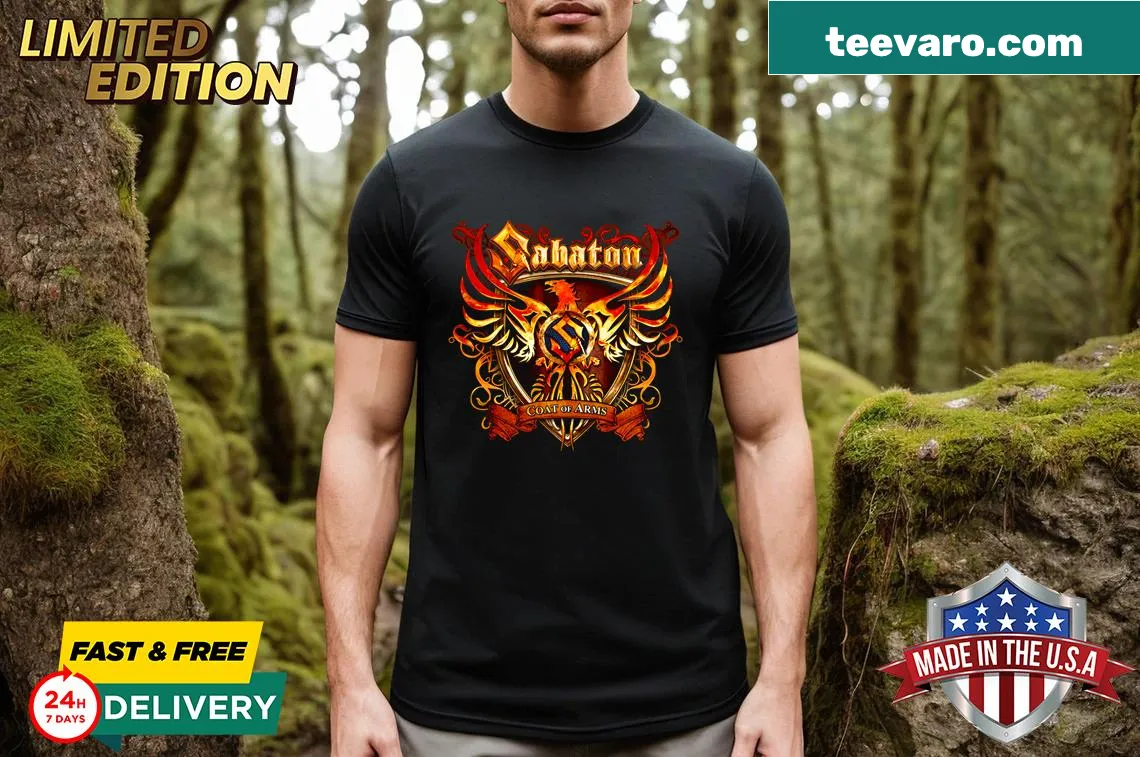 T-shirt featuring the Sabaton Coat of Arms design — on a men's t-shirt