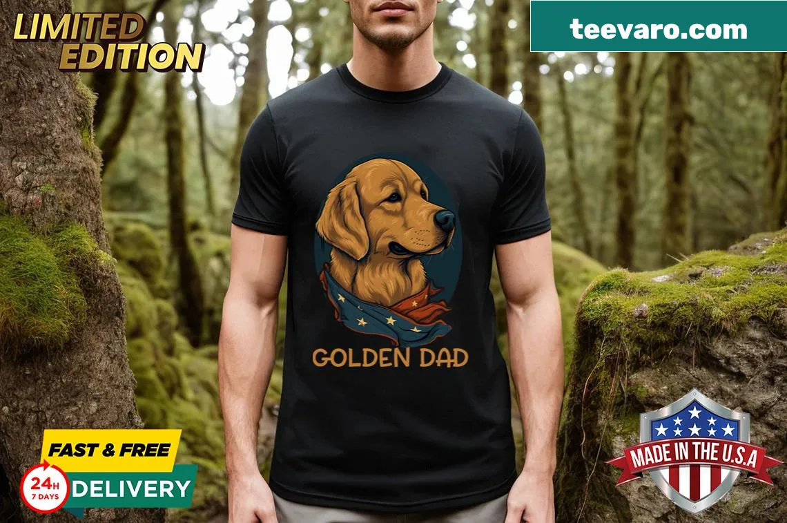 Cute Golden Dog Dad t-shirt with patriotic design — on a men's t-shirt