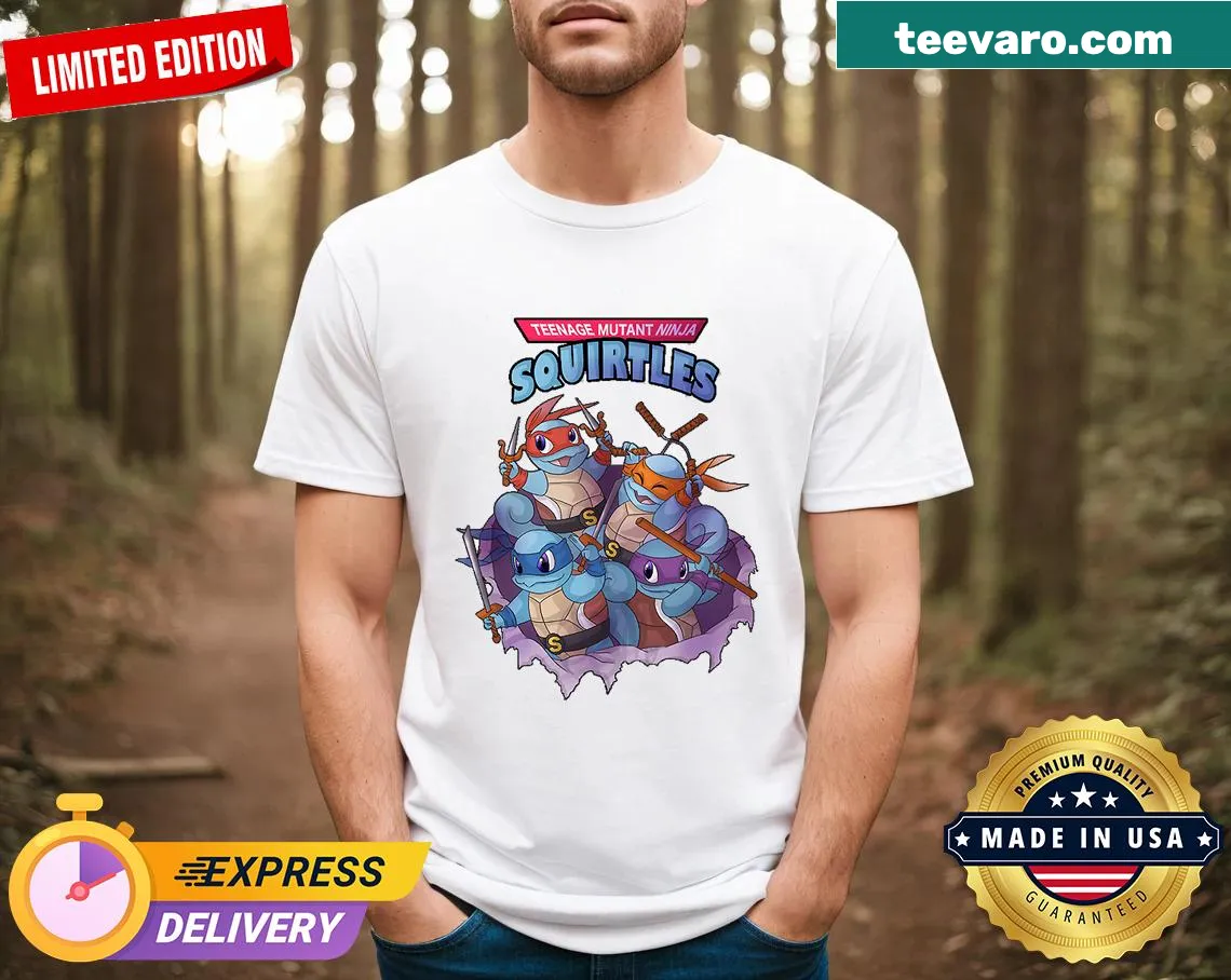 Cartoon t-shirt with 'Dutant Ninja Squirtles' design for dads — on a men's t-shirt