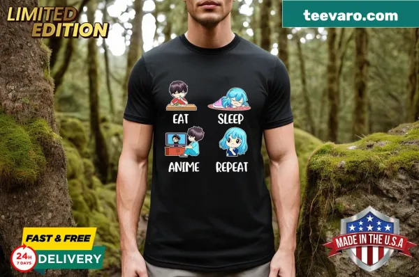 Graphic tee with 'Eat Sleep Anime Repeat' text