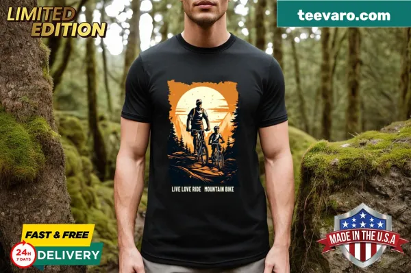 Sports t-shirt featuring father and son mountain biking graphic