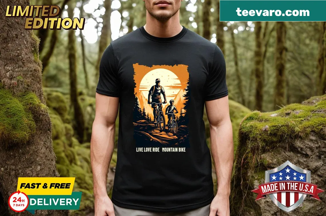 Sports t-shirt featuring father and son mountain biking graphic — on a men's t-shirt