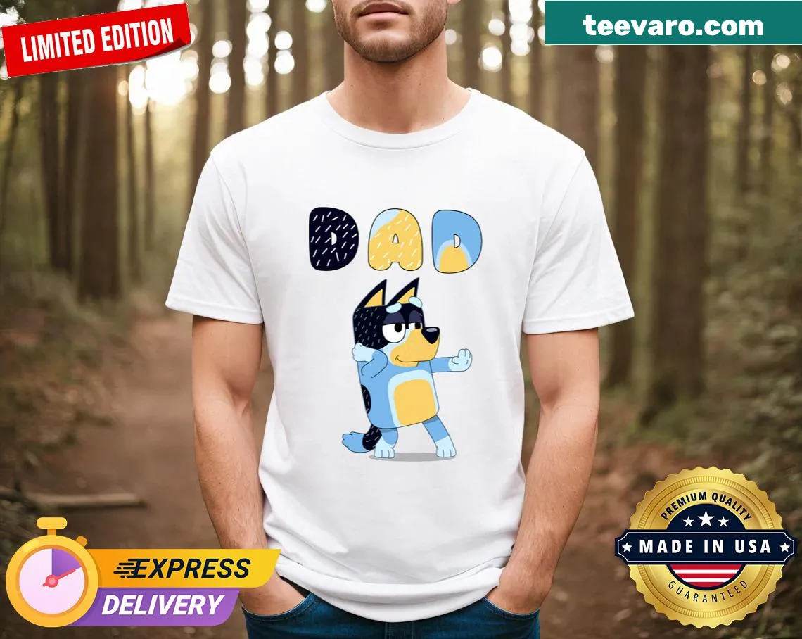 T-shirt celebrating fathers with a playful Bluey design — on a men's t-shirt