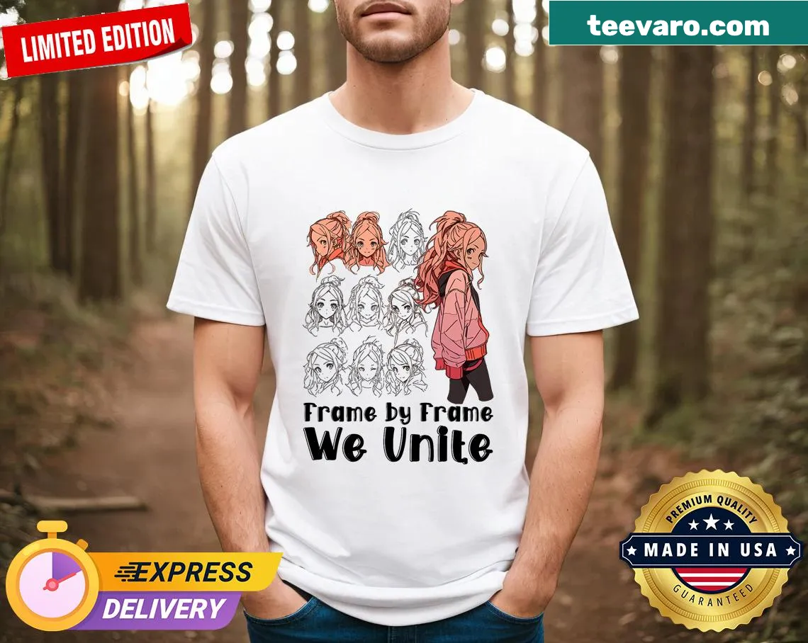 T-shirt celebrating artists and anime lovers with 'Frame By Frame We Unite' text — on a men's t-shirt