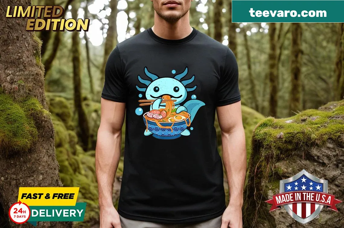 Kawaii tee with an axolotl eating ramen and playful text — on a men's t-shirt