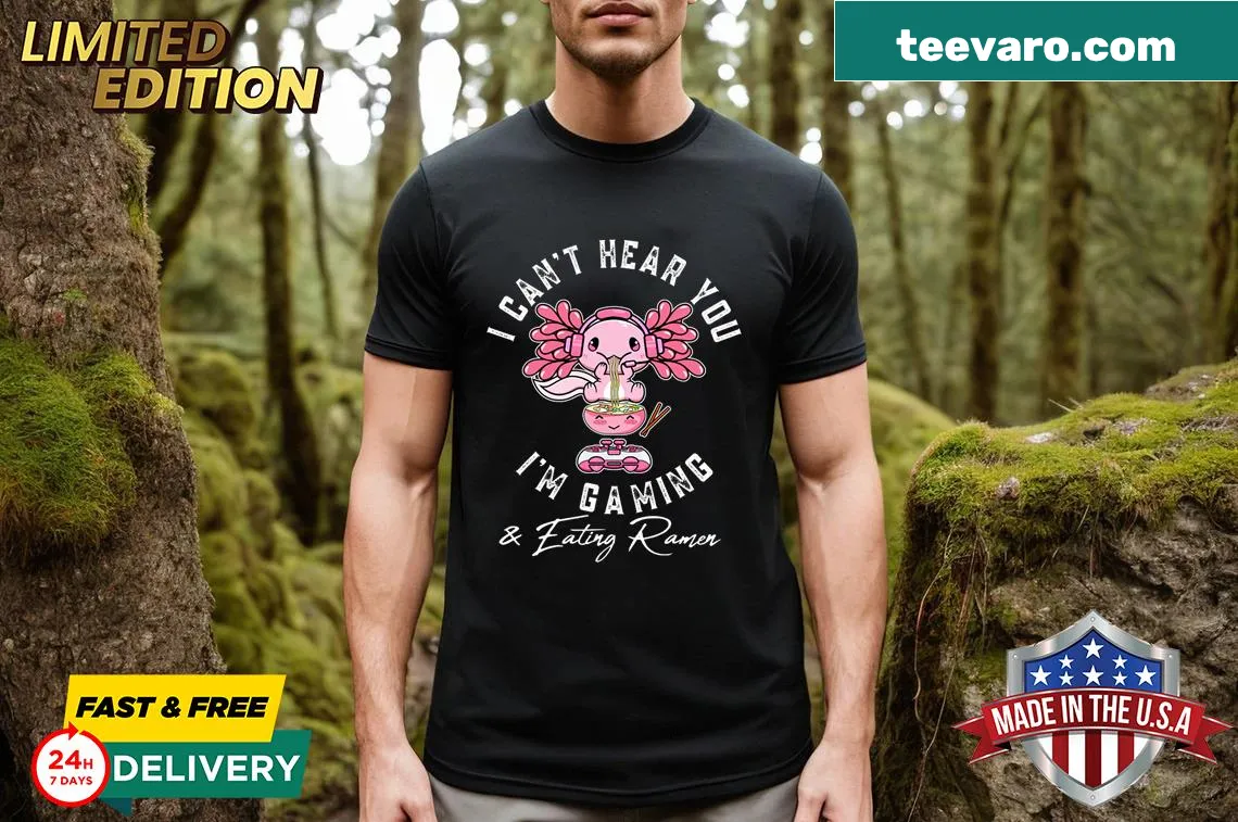 Vintage T-shirt featuring a kawaii axolotl enjoying ramen while gaming — on a men's t-shirt