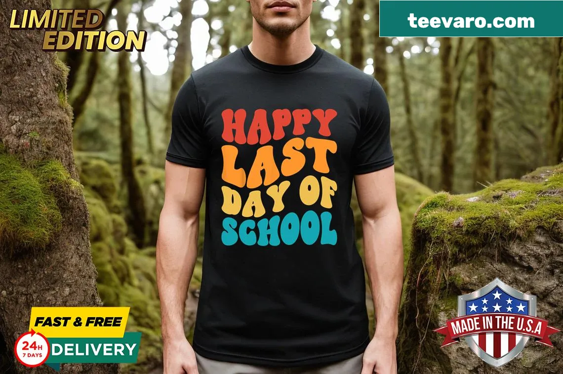 Retro T-shirt celebrating the last day of school for teachers — on a men's t-shirt