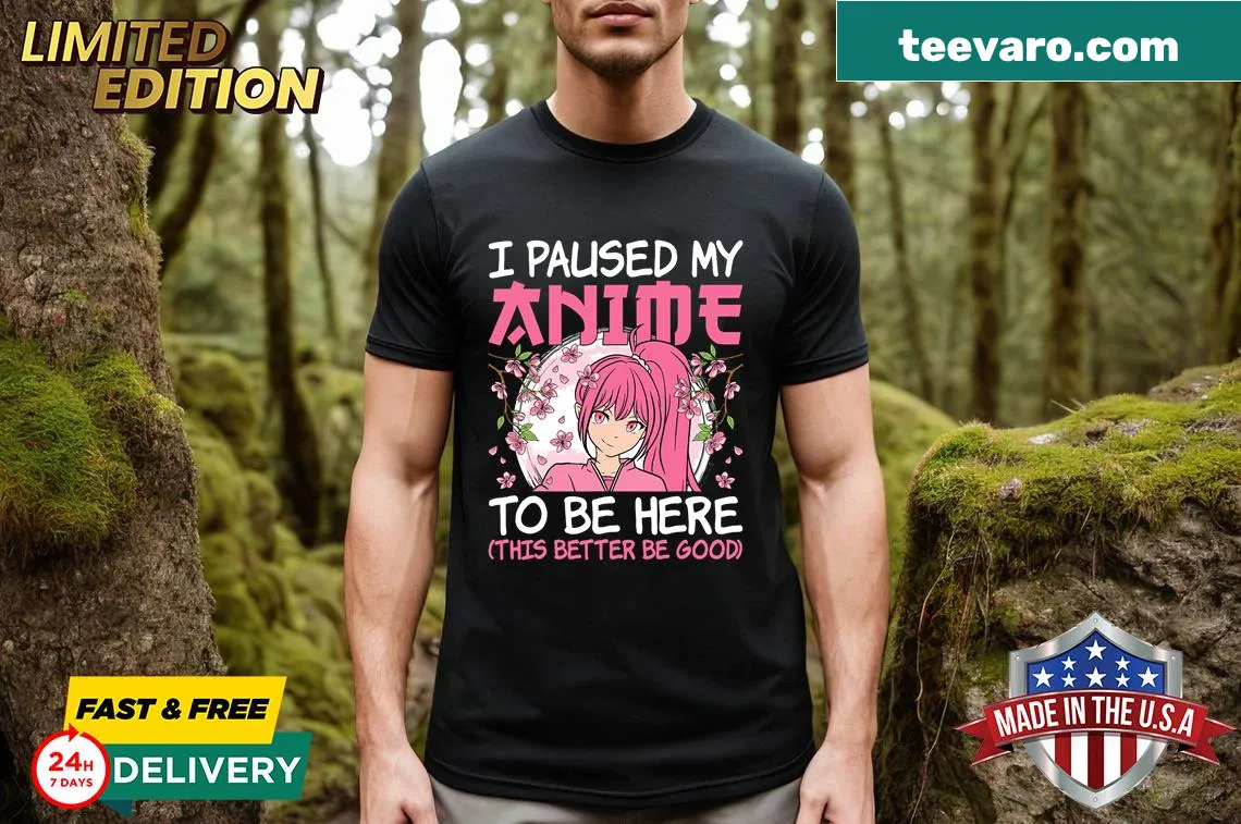 Anime girl graphic t-shirt with humorous text about pausing anime — on a men's t-shirt