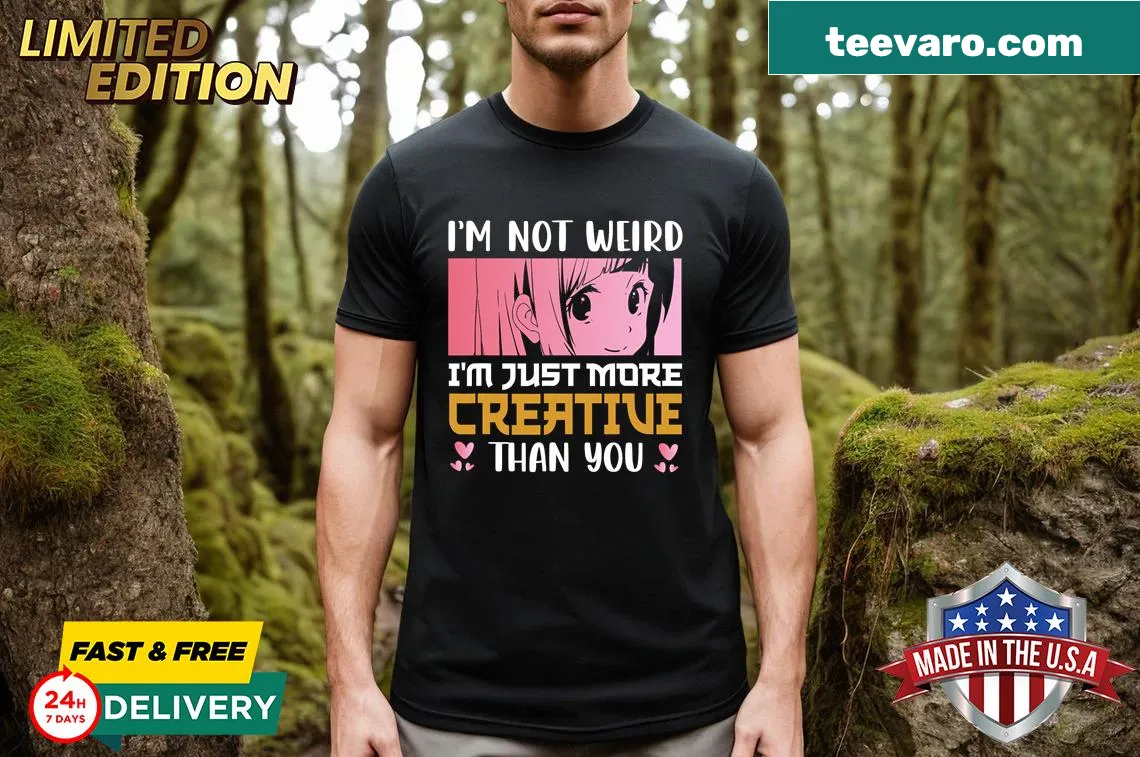 Typographic t-shirt with witty phrase about creativity — on a men's t-shirt