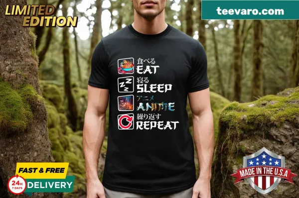 Cool t-shirt featuring the phrase 'Eat Sleep Anime Repeat' for anime lovers.