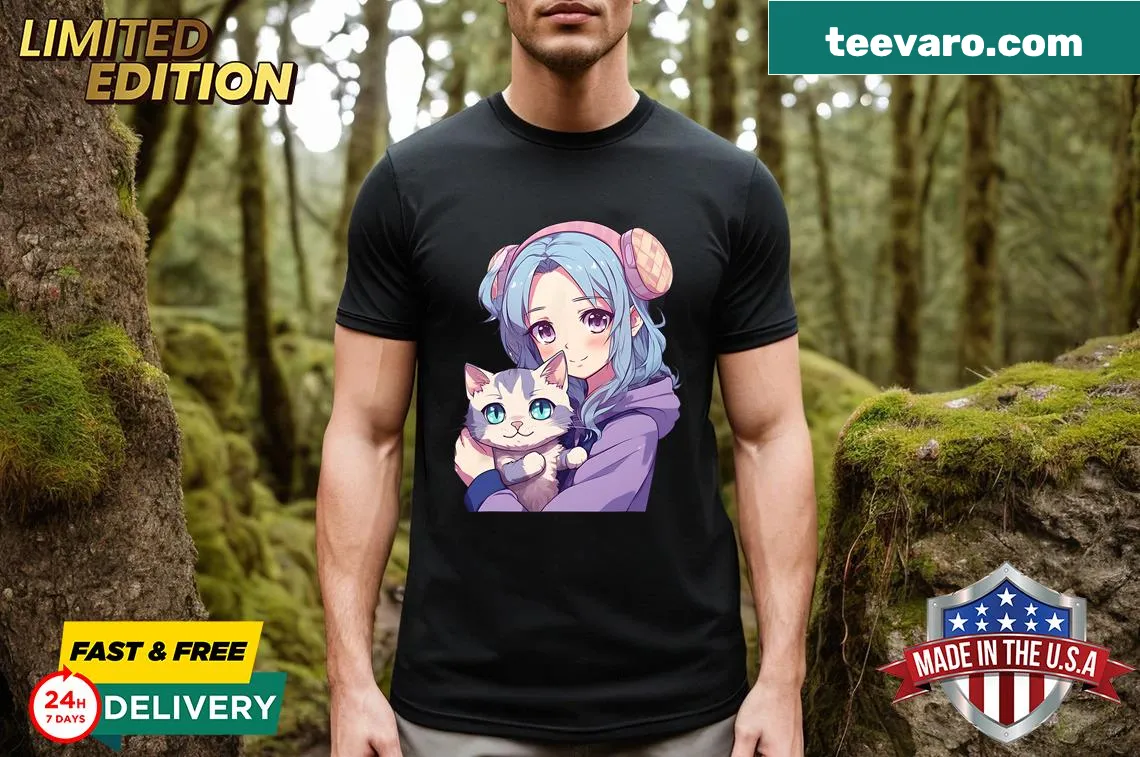 Cute t-shirt with a kawaii anime girl and cat graphics — on a men's t-shirt