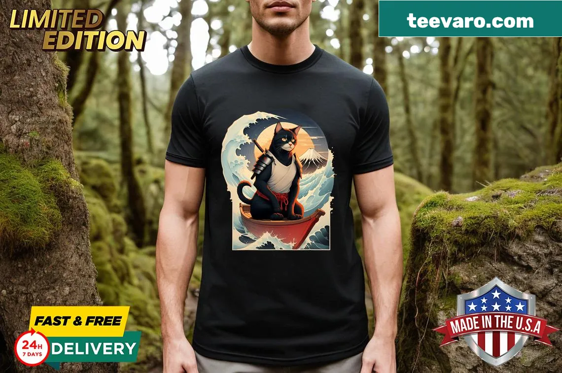 Illustration of a samurai cat in a streetwear style — on a men's t-shirt