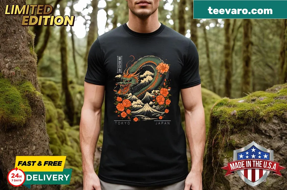Retro-style tee featuring a dragon design inspired by Tokyo — on a men's t-shirt