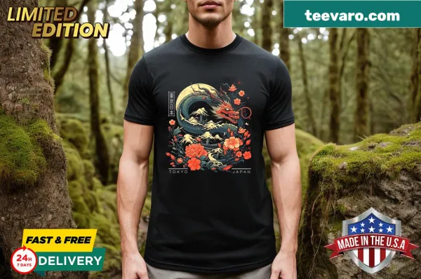 Retro style T-shirt featuring a majestic Japanese dragon tattoo graphic