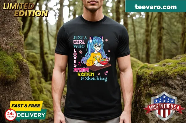Graphic tee with text celebrating anime, ramen, and sketching