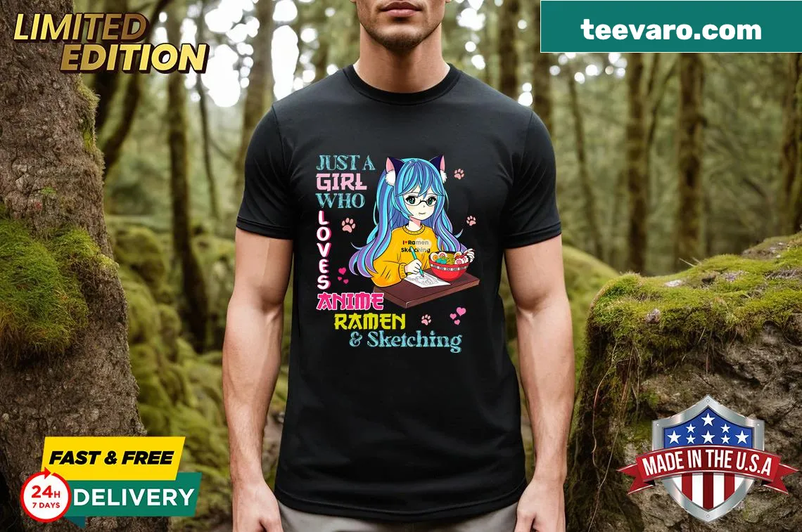 Graphic tee with text celebrating anime, ramen, and sketching — on a men's t-shirt