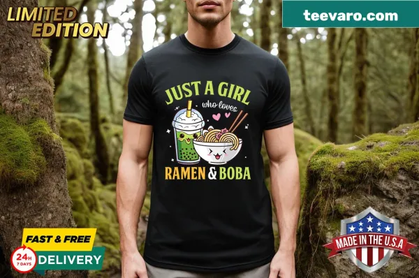 Personalized t-shirt featuring ramen and boba graphics for anime lovers.