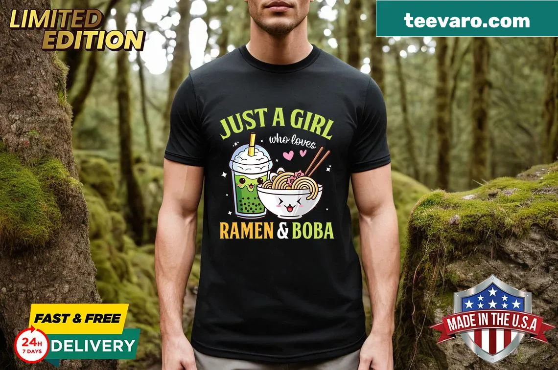 Personalized t-shirt featuring ramen and boba graphics for anime lovers. — on a men's t-shirt