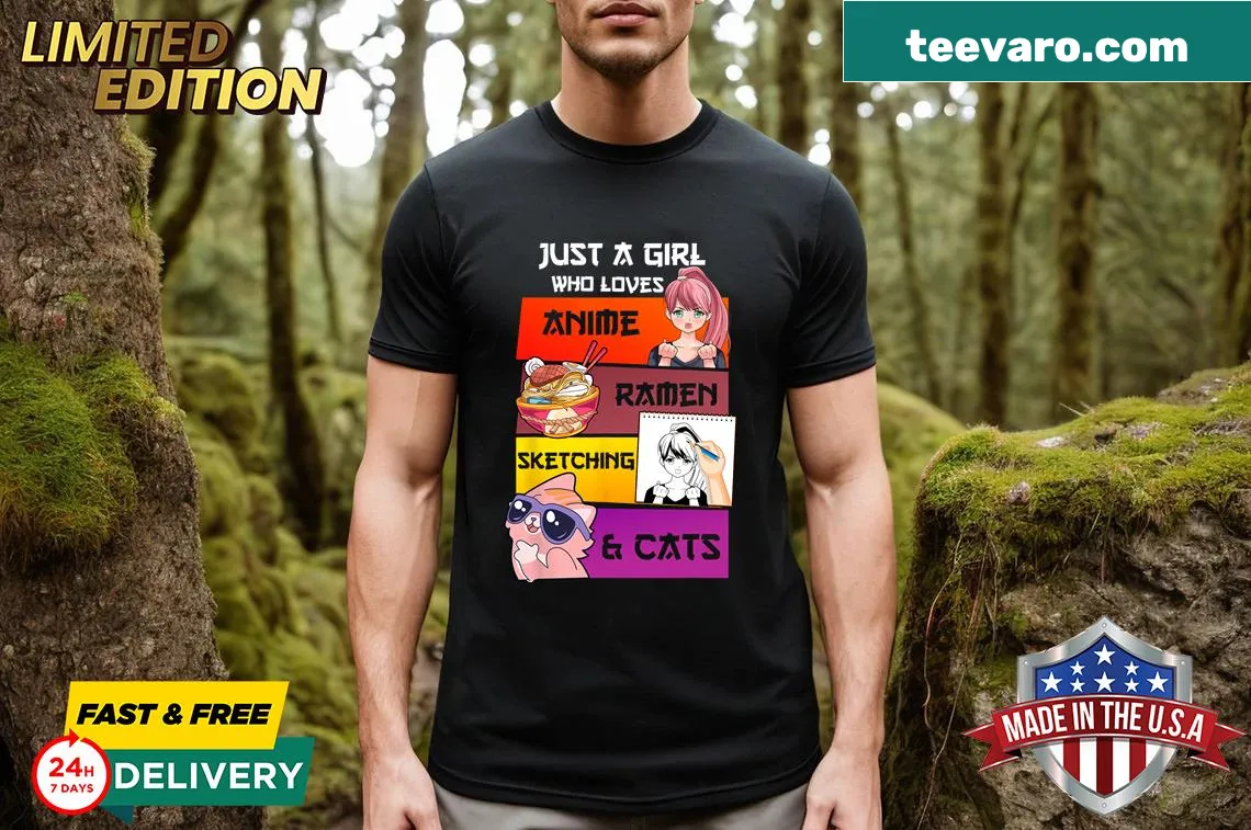 Vintage-style t-shirt with a sketch of a cat eating ramen, in anime style. — on a men's t-shirt