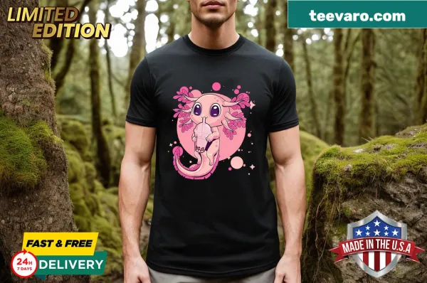 Kawaii t-shirt featuring an axolotl with bubble tea in anime style.