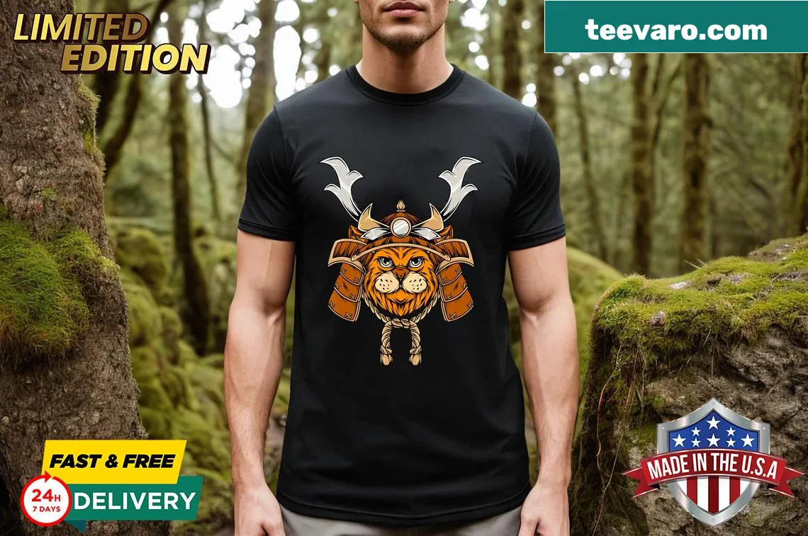 Kawaii samurai cat and reindeer graphic on special t-shirt — on a men's t-shirt
