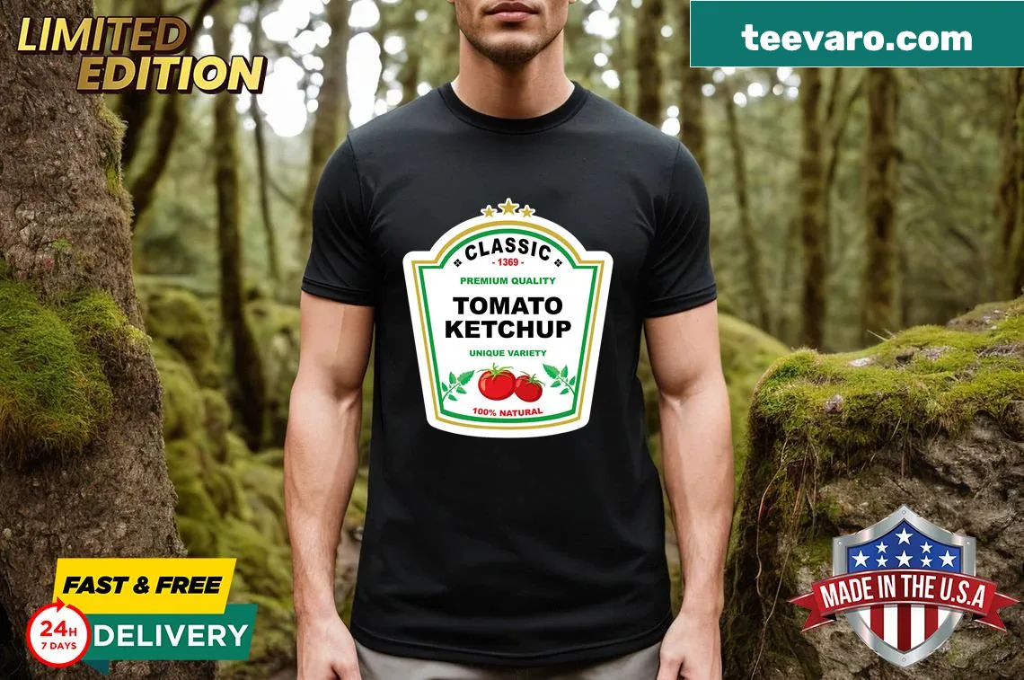 Cartoon-style T-shirt featuring a ketchup bottle for Halloween. — on a men's t-shirt
