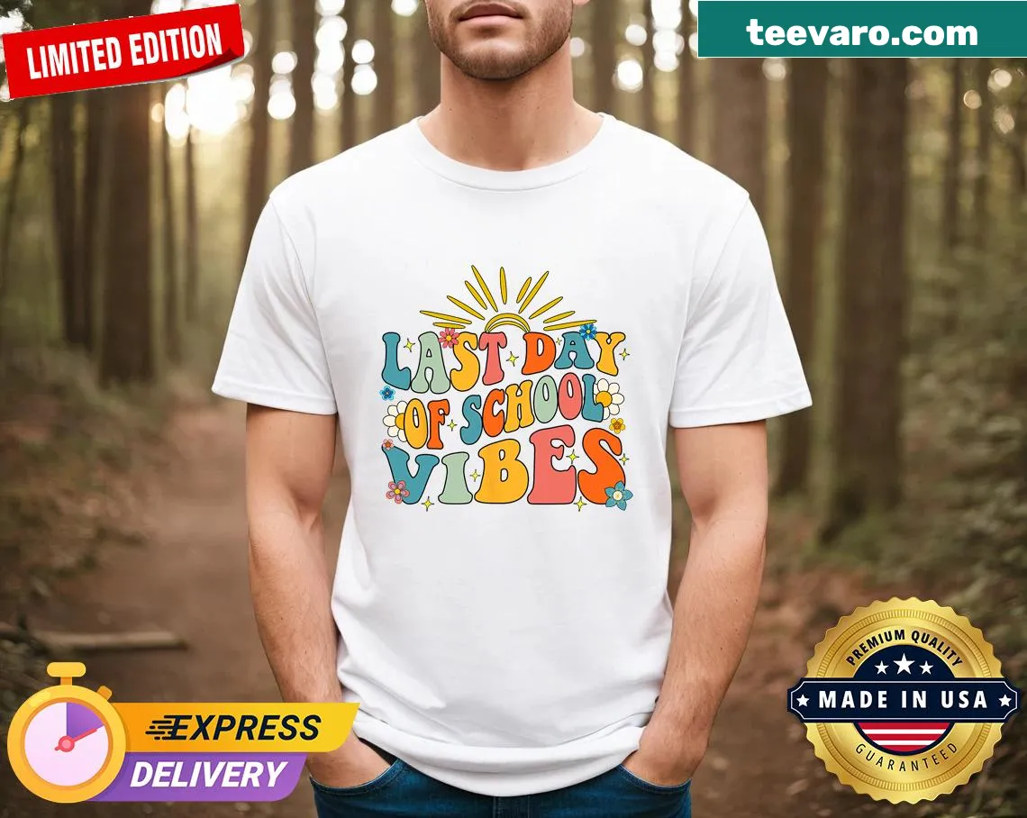 Cheerful last day of school t-shirt saying 'Last Day Of School Vibes'. — on a men's t-shirt