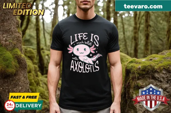 Embroidered axolotl graphic on a kawaii t-shirt
