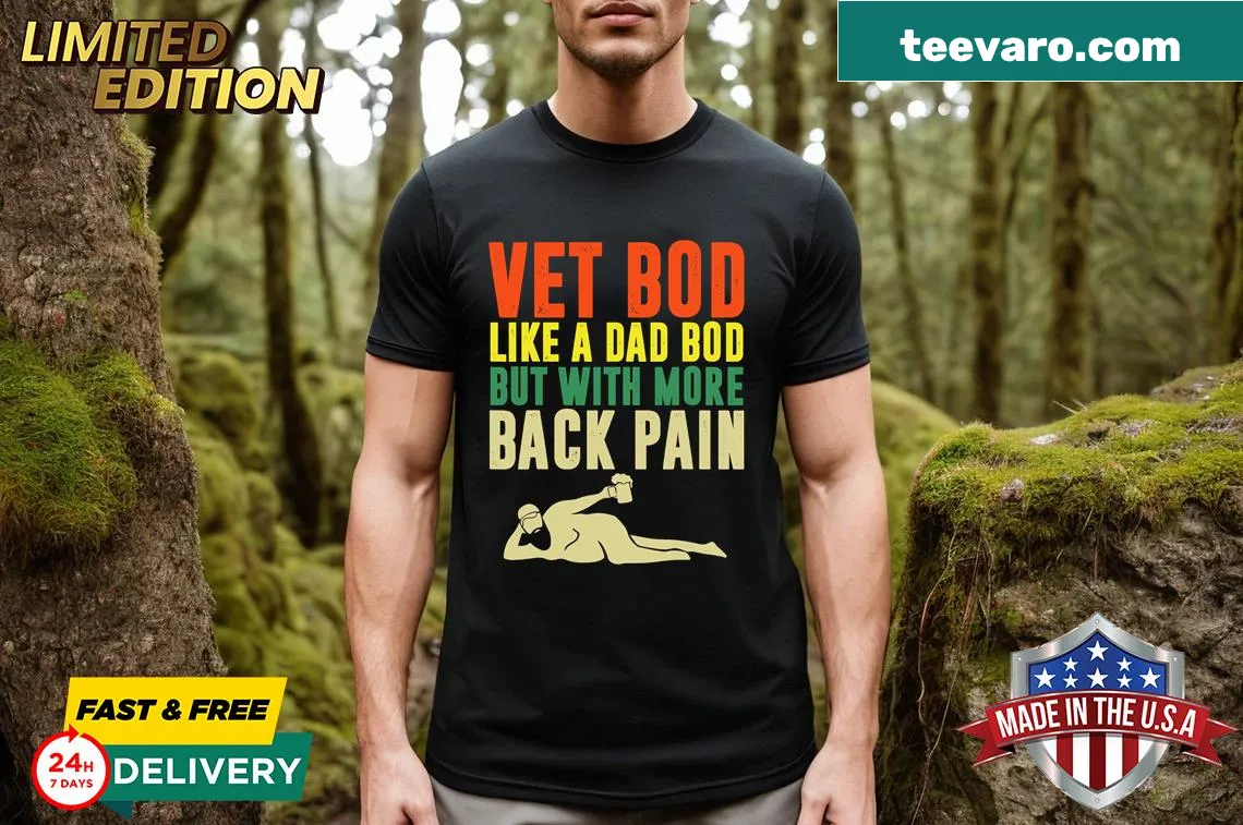 Humorous dad bod T-shirt with witty text design. — on a men's t-shirt