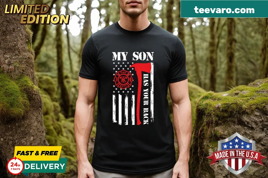 Firefighter-themed t-shirt with father-son bond graphic — on a men's t-shirt