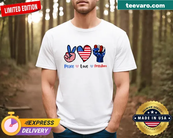 Oversized t-shirt featuring 'Peace Love Freedom' with US flag and fireworks