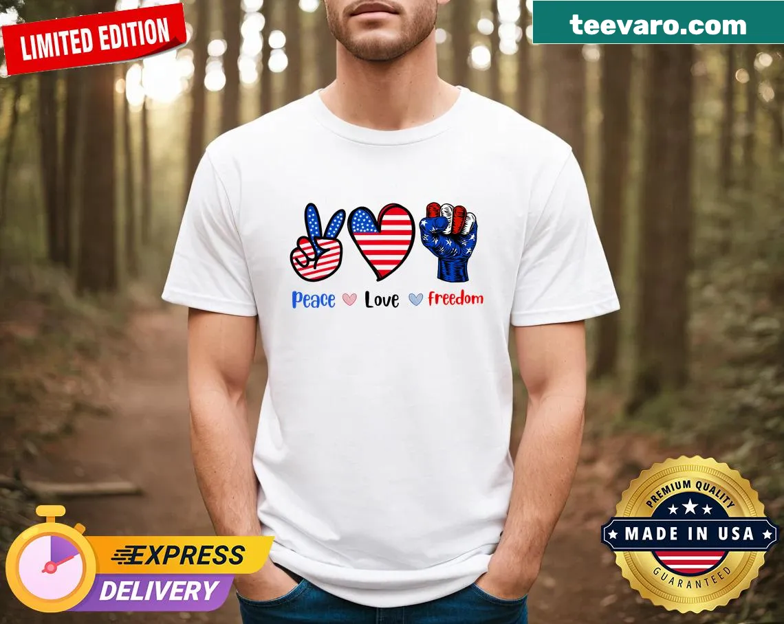 Oversized t-shirt featuring 'Peace Love Freedom' with US flag and fireworks — on a men's t-shirt