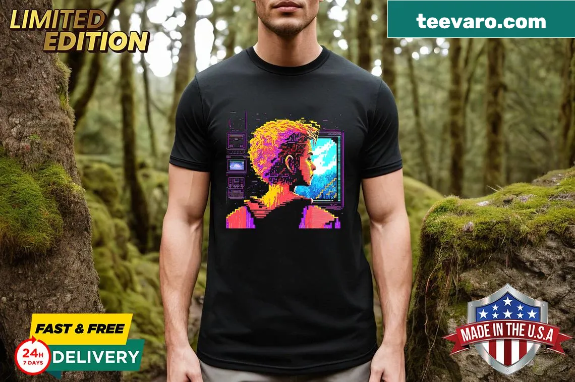 Embroidered pixel art anime girl design on t-shirt — on a men's t-shirt