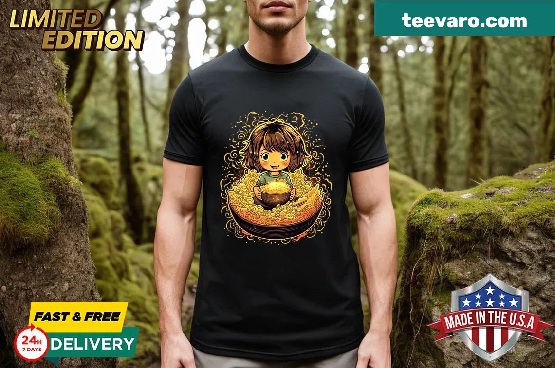 Kawaii chibi girl in a ramen bowl graphic tee — on a men's t-shirt