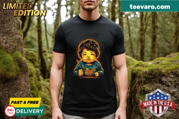 Boy enjoying ramen noodles with chopsticks on a kids T-shirt