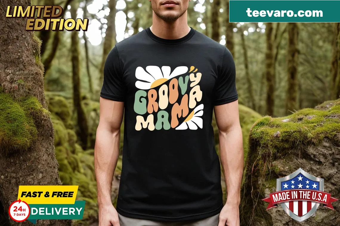 Retro 'Groovy Mama' t-shirt for family birthday celebrations — on a men's t-shirt