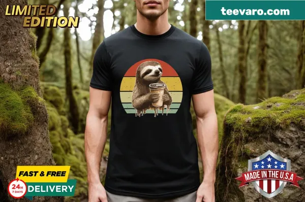 Vintage style t-shirt featuring a sloth drinking coffee with humorous text