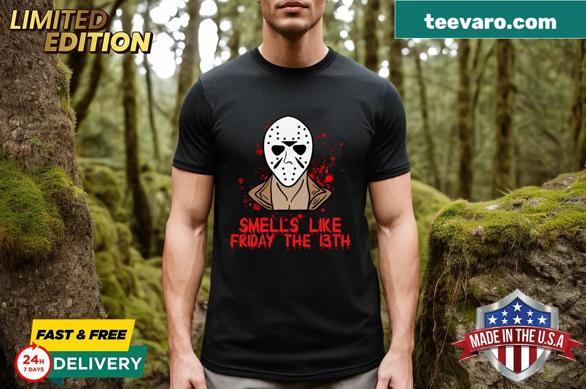 Typography t-shirt featuring a humorous phrase related to Friday the 13th — on a men's t-shirt