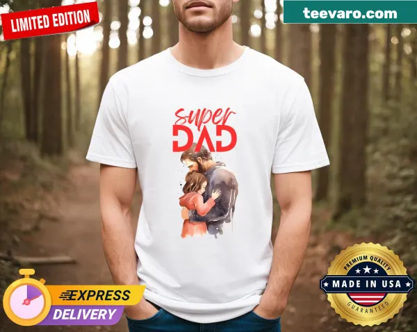 Illustration of a dad hugging his daughter on an athletic tee.