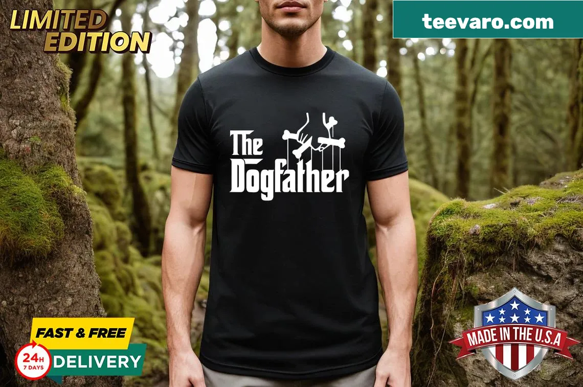 Cartoonish Dogfather graphic on a playful tee. — on a men's t-shirt
